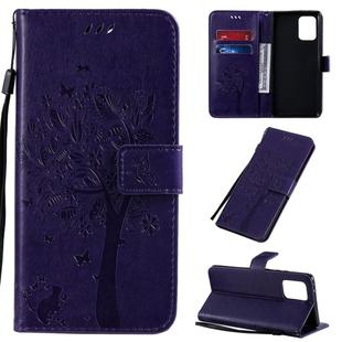 For Galaxy A91 / M80S Tree & Cat Pattern Pressed Printing Horizontal Flip PU Leather Case with Holder & Card Slots & Wallet & Lanyard(Purple)