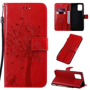 For Galaxy A91 / M80S Tree & Cat Pattern Pressed Printing Horizontal Flip PU Leather Case with Holder & Card Slots & Wallet & Lanyard(Red)