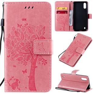 For Galaxy A01 Tree & Cat Pattern Pressed Printing Horizontal Flip PU Leather Case with Holder & Card Slots & Wallet & Lanyard(Pink)