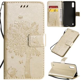For Galaxy A01 Tree & Cat Pattern Pressed Printing Horizontal Flip PU Leather Case with Holder & Card Slots & Wallet & Lanyard(Gold)