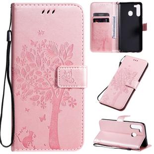 For Galaxy A21 Tree & Cat Pattern Pressed Printing Horizontal Flip PU Leather Case with Holder & Card Slots & Wallet & Lanyard(Rose Gold)