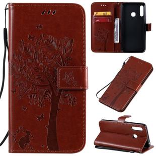 For Galaxy A70e Tree & Cat Pattern Pressed Printing Horizontal Flip PU Leather Case with Holder & Card Slots & Wallet & Lanyard(Brown)
