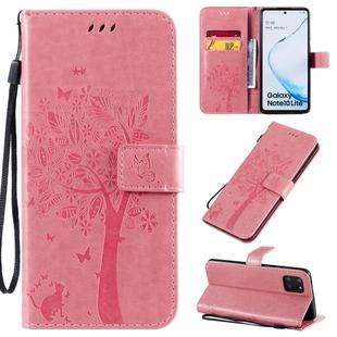 For Galaxy A81 / M60S Tree & Cat Pattern Pressed Printing Horizontal Flip PU Leather Case with Holder & Card Slots & Wallet & Lanyard(Pink)