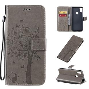 For Galaxy M11 / A11 Tree & Cat Pattern Pressed Printing Horizontal Flip PU Leather Case with Holder & Card Slots & Wallet & Lanyard(Grey)