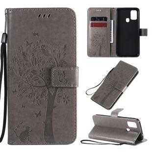 For Galaxy M31 Tree & Cat Pattern Pressed Printing Horizontal Flip PU Leather Case with Holder & Card Slots & Wallet & Lanyard(Grey)