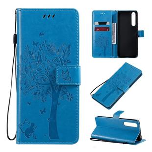 For Sony Xperia 1 II Tree & Cat Pattern Pressed Printing Horizontal Flip PU Leather Case with Holder & Card Slots & Wallet & Lanyard(Blue)