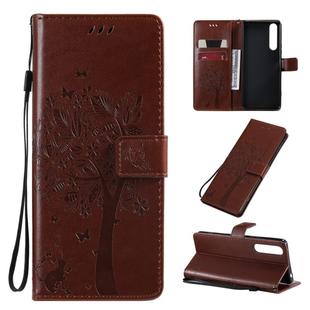 For Sony Xperia 1 II Tree & Cat Pattern Pressed Printing Horizontal Flip PU Leather Case with Holder & Card Slots & Wallet & Lanyard(Brown)