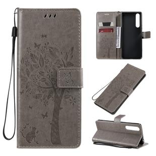 For Sony Xperia 1 II Tree & Cat Pattern Pressed Printing Horizontal Flip PU Leather Case with Holder & Card Slots & Wallet & Lanyard(Grey)