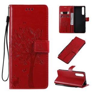For Sony Xperia 1 II Tree & Cat Pattern Pressed Printing Horizontal Flip PU Leather Case with Holder & Card Slots & Wallet & Lanyard(Red)