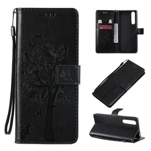 For Sony Xperia 1 II Tree & Cat Pattern Pressed Printing Horizontal Flip PU Leather Case with Holder & Card Slots & Wallet & Lanyard(Black)