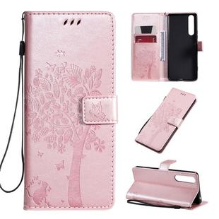For Sony Xperia 1 II Tree & Cat Pattern Pressed Printing Horizontal Flip PU Leather Case with Holder & Card Slots & Wallet & Lanyard(Rose Gold)