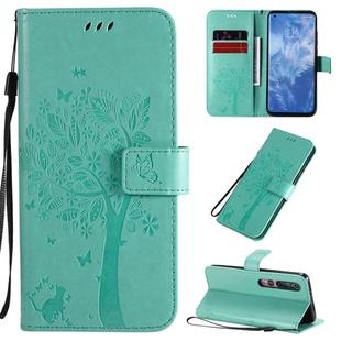 For Xiaomi Mi 10 5G / Mi 10 Pro 5G Tree & Cat Pattern Pressed Printing Horizontal Flip PU Leather Case with Holder & Card Slots & Wallet & Lanyard(Green)