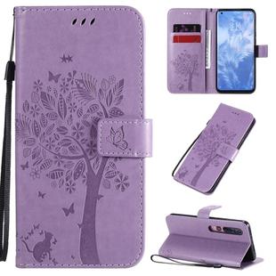For Xiaomi Mi 10 5G / Mi 10 Pro 5G Tree & Cat Pattern Pressed Printing Horizontal Flip PU Leather Case with Holder & Card Slots & Wallet & Lanyard(Light Purple)