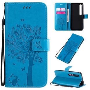 For Xiaomi Mi 10 5G / Mi 10 Pro 5G Tree & Cat Pattern Pressed Printing Horizontal Flip PU Leather Case with Holder & Card Slots & Wallet & Lanyard(Blue)