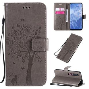 For Xiaomi Mi 10 5G / Mi 10 Pro 5G Tree & Cat Pattern Pressed Printing Horizontal Flip PU Leather Case with Holder & Card Slots & Wallet & Lanyard(Grey)
