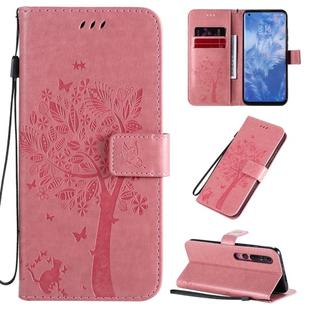 For Xiaomi Mi 10 5G / Mi 10 Pro 5G Tree & Cat Pattern Pressed Printing Horizontal Flip PU Leather Case with Holder & Card Slots & Wallet & Lanyard(Pink)