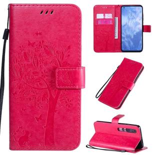 For Xiaomi Mi 10 5G / Mi 10 Pro 5G Tree & Cat Pattern Pressed Printing Horizontal Flip PU Leather Case with Holder & Card Slots & Wallet & Lanyard(Rose Red)