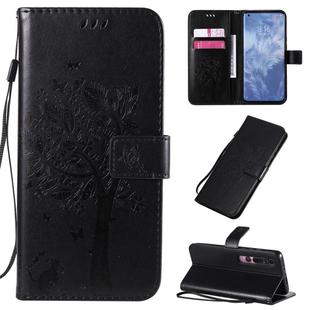 For Xiaomi Mi 10 5G / Mi 10 Pro 5G Tree & Cat Pattern Pressed Printing Horizontal Flip PU Leather Case with Holder & Card Slots & Wallet & Lanyard(Black)