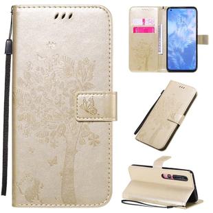 For Xiaomi Mi 10 5G / Mi 10 Pro 5G Tree & Cat Pattern Pressed Printing Horizontal Flip PU Leather Case with Holder & Card Slots & Wallet & Lanyard(Gold)