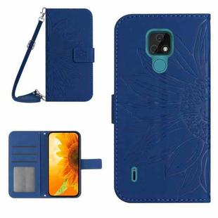 For Motorola Moto E7 Skin Feel Sun Flower Pattern Flip Leather Phone Case with Lanyard(Dark Blue)