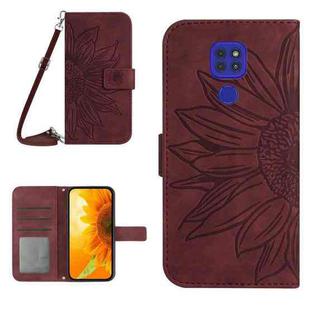 For Motorola Moto E7 Plus/G9/G9 Play Skin Feel Sun Flower Pattern Flip Leather Phone Case with Lanyard(Wine Red)