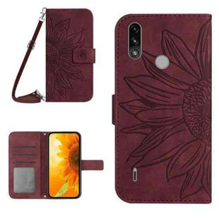 For Motorola Moto E7 Power/E7i Power Skin Feel Sun Flower Pattern Flip Leather Phone Case with Lanyard(Wine Red)