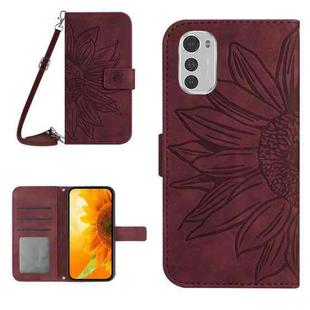 For Motorola Moto E32/E32S Skin Feel Sun Flower Pattern Flip Leather Phone Case with Lanyard(Wine Red)