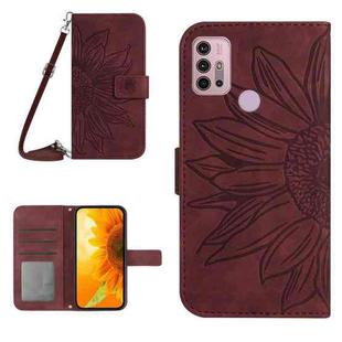 For Motorola Moto G10/G20/G30 Skin Feel Sun Flower Pattern Flip Leather Phone Case with Lanyard(Wine Red)