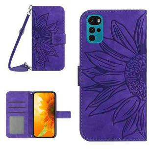 For Motorola Moto G22 Skin Feel Sun Flower Pattern Flip Leather Phone Case with Lanyard(Dark Purple)