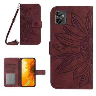 For Motorola Moto G32 Skin Feel Sun Flower Pattern Flip Leather Phone Case with Lanyard(Wine Red)