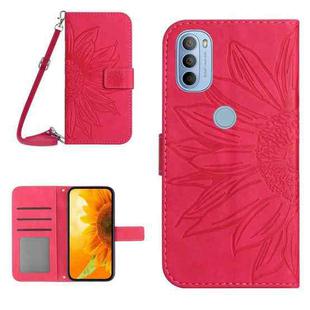 For Motorola Moto G51 5G Skin Feel Sun Flower Pattern Flip Leather Phone Case with Lanyard(Rose Red)