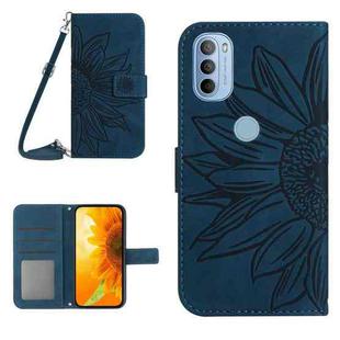 For Motorola Moto G51 5G Skin Feel Sun Flower Pattern Flip Leather Phone Case with Lanyard(Inky Blue)