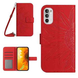 For Motorola Moto G52J Skin Feel Sun Flower Pattern Flip Leather Phone Case with Lanyard(Red)