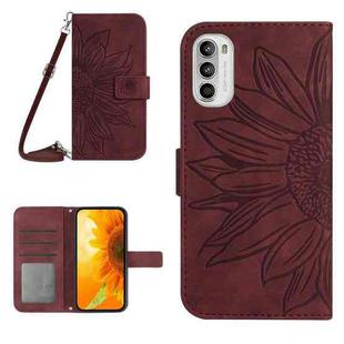 For Motorola Moto G52J Skin Feel Sun Flower Pattern Flip Leather Phone Case with Lanyard(Wine Red)