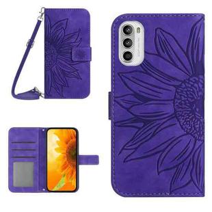 For Motorola Moto G82 5G/G52 4G/G71S Skin Feel Sun Flower Pattern Flip Leather Phone Case with Lanyard(Dark Purple)