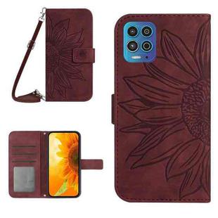 For Motorola Moto G100 Skin Feel Sun Flower Pattern Flip Leather Phone Case with Lanyard(Wine Red)