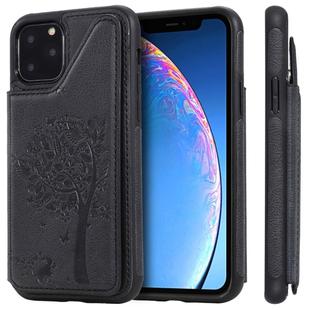 For iPhone 11 Pro Cat Tree Embossing Pattern Shockproof Protective Case with Card Slots & Photo Frame & Holder(Black)