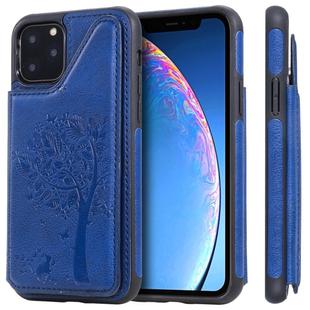 For iPhone 11 Pro Cat Tree Embossing Pattern Shockproof Protective Case with Card Slots & Photo Frame & Holder(Blue)