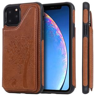 For iPhone 11 Pro Cat Tree Embossing Pattern Shockproof Protective Case with Card Slots & Photo Frame & Holder(Brown)