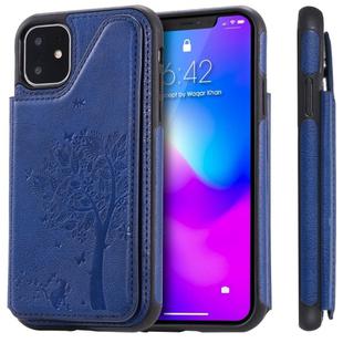 For iPhone 11 Cat Tree Embossing Pattern Shockproof Protective Case with Card Slots & Photo Frame & Holder(Blue)