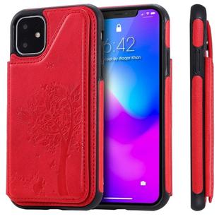 For iPhone 11 Cat Tree Embossing Pattern Shockproof Protective Case with Card Slots & Photo Frame & Holder(Red)