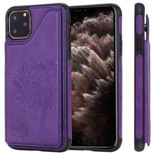 For iPhone 11 Pro Max Cat Tree Embossing Pattern Shockproof Protective Case with Card Slots & Photo Frame & Holder(Purple)