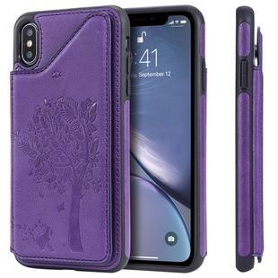 For iPhone XS Max Cat Tree Embossing Pattern Shockproof Protective Case with Card Slots & Photo Frame & Holder(Purple)