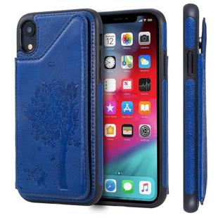 For iPhone XR Cat Tree Embossing Pattern Shockproof Protective Case with Card Slots & Photo Frame & Holder(Blue)