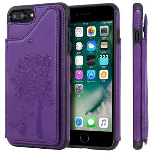 For iPhone 8 Plus & 7 Plus Cat Tree Embossing Pattern Shockproof Protective Case with Card Slots & Photo Frame & Holder(Purple)