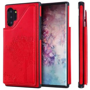 For Galaxy Note 10+ Cat Tree Embossing Pattern Shockproof Protective Case with Card Slots & Photo Frame & Holder(Red)