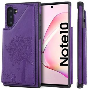 For Galaxy Note 10 Cat Tree Embossing Pattern Shockproof Protective Case with Card Slots & Photo Frame & Holder(Purple)