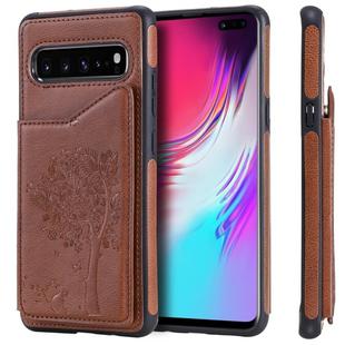 For Galaxy S10 5G Cat Tree Embossing Pattern Shockproof Protective Case with Card Slots & Photo Frame & Holder(Brown)