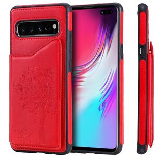 For Galaxy S10 5G Cat Tree Embossing Pattern Shockproof Protective Case with Card Slots & Photo Frame & Holder(Red)