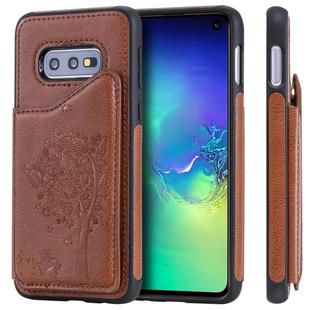 For Galaxy S10e Cat Tree Embossing Pattern Shockproof Protective Case with Card Slots & Photo Frame & Holder(Brown)